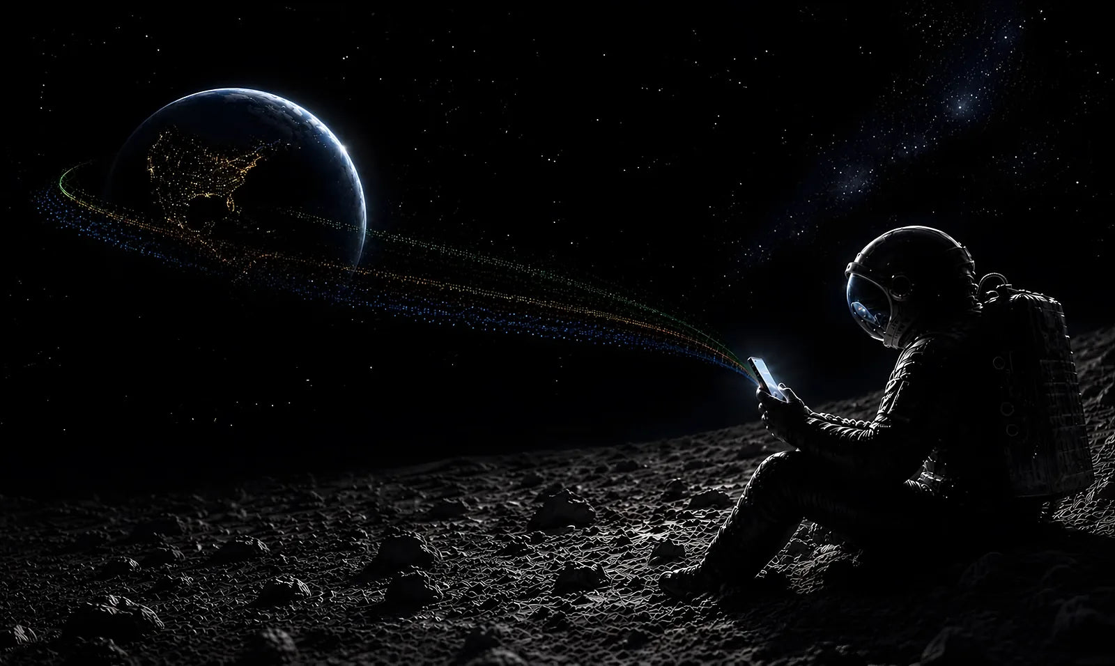 Astronauta sentado na superfície da Lua segurando um iPhone; da tela partem rastros de luz verdes, âmbar e azuis que atravessam o espaço até a Terra.